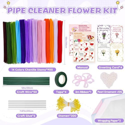 900 PCS Pipe Cleaners Craft, Pipe Cleaner Bulk Flower Kit 14 Colors Chenille Stems Flower Making Kit with Greeting Card, Floral Wires, Tape, Stamen, Floral Wrapping Paper & Ribbon for Art DIY Flowers - Image 2