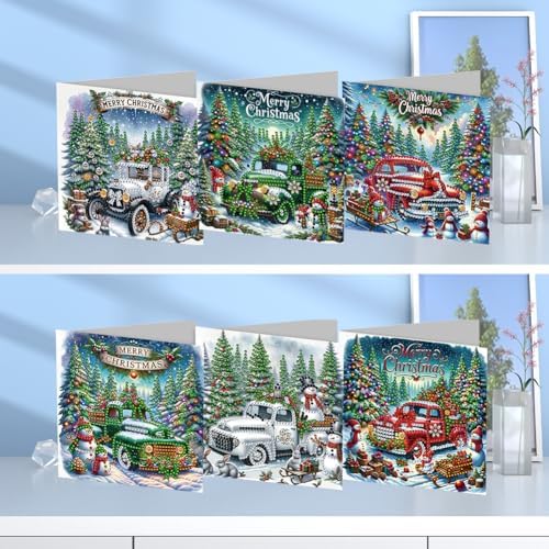 Diamond Art Christmas Cards Kit, 6PCS DIY Diamond Painting Christmas Cards with Envelopes, 5D Diamond Dot Greeting Cards for Adults, Xmas Card for Holiday Crafting Gifts (Christmas Car) - Image 2