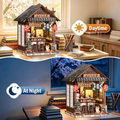 Japanese Izakaya Book Nook Kit for Adults, 3D Wooden Puzzle DIY Miniature House with Warm LED Light, Bookshelf Insert Decor Craft Model Building Set, Unique Gift for Book Lovers - Image 2
