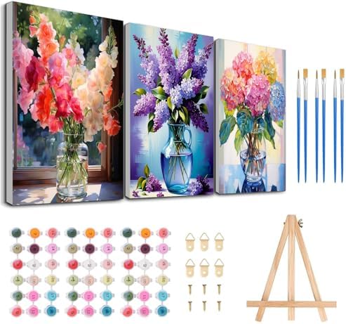 3 Pack Framed Paint by Numbers Flower for Adult with Wooden Easel 8x12 inch by MeothanDiamondPainting