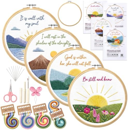 4 Pack Christian Embroidery Kit for Beginner with Hoop Needles Threads by Fanfanwin