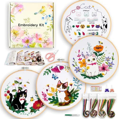 4-Piece Cat Embroidery Kit for Beginners, Needle Point Kit Adults Beginner by ZWZRAFT