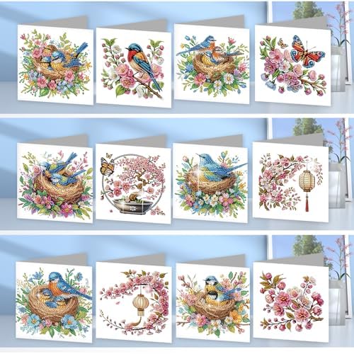 jinglinhh 12pcs Diamond Art Painting Bluebird Flowers Greeting Cards with Envelopes, DIY Card Making Kits for Adults, Diamond Art Christmas Cards for Birthday Holiday Postcards Craft Gifts - Image 6