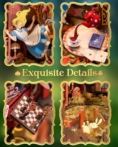 Rolife Book Nook Kit Fall into Wonder 3D Wooden Puzzles 9.9" Wonderland Booknooks DIY Miniature Kit with LEDs Fairy Tale Bookshelf Decor Craft for Adults Gift for Mom Women Men - Image 3
