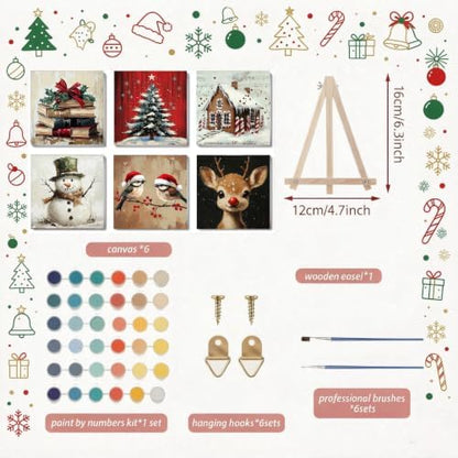 LWZAYS 6 Pack Christmas Paint by Numbers Kit for Adults with Frame, Easy Paint by Number for Adults Beginner with Wooden Easel, DIY Painting by Numbers Canvas Framed for Home Decor 8 x 8 Inch - Image 2
