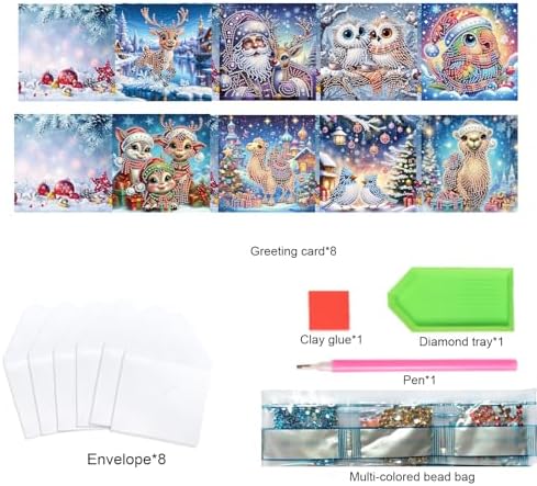 TDFERAN 8 Pack Diamond Art Kits for Adults Christmas Card Blank Cards Blank Greeting Cards Diamond Painting Note Cards with Envelopes Friendship/Anniversary Cards Thanks Cards Santa Claus Deer Owl - Image 3