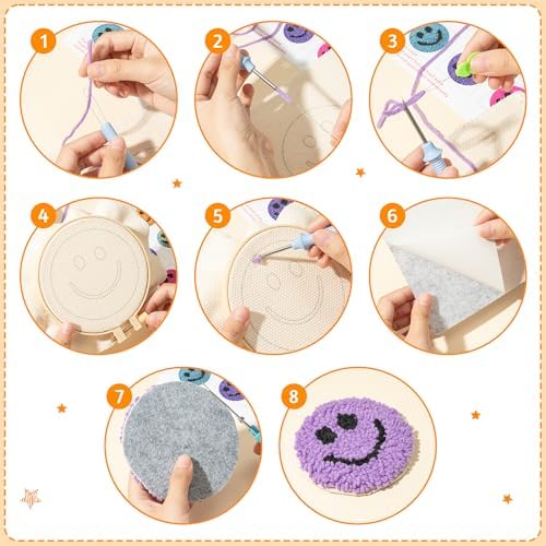 FoszaSzept Smile Punch Needle Coaster Kit, 22Pcs Embroidery Needle Coasters Crafts for Beginners, Easy DIY Mug Tufted Making Set with 6 Patterns Hoop Self Adhesive Felt Cloth Threading Device Gifts - Image 3