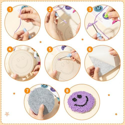 FoszaSzept Smile Punch Needle Coaster Kit, 22Pcs Embroidery Needle Coasters Crafts for Beginners, Easy DIY Mug Tufted Making Set with 6 Patterns Hoop Self Adhesive Felt Cloth Threading Device Gifts - Image 3