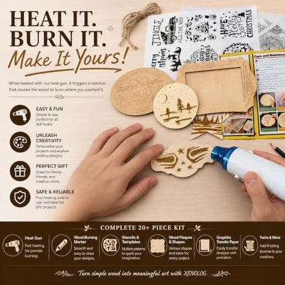Xenolog Wood Burning Kit for Beginners - Complete 20+ Piece Pyrography Set with Heat Gun, Markers, 9 Wood Plaques, Stencils, Transfer Paper - Art Craft Gift for Adults, Teens, DIY Artists - Image 6