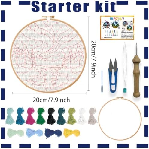 INFUNLY 2 Set Aurora Scenery Punch Needle Kit Natural Landscape Punch Needle Embroidery Kits for Adults DIY Punch-Stitching Kit with Instruction Threader Needles Frame for Wall Decor - Image 2