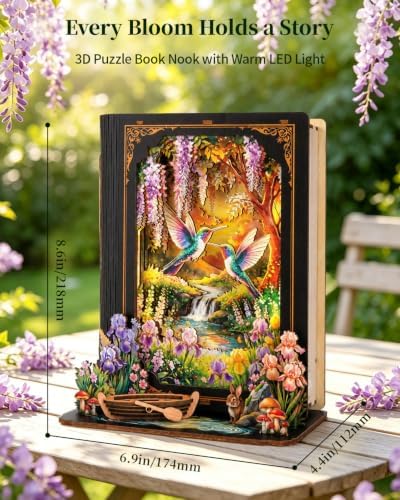 3D Puzzles for Adults-Forest Dreamscape, DIY Book Nook Kit with LED Nightlight, 3D Wooden Puzzles Hummingbird Forest Storybook Puzzle, Home Decor Gift for Adults Book Lovers - Image 5