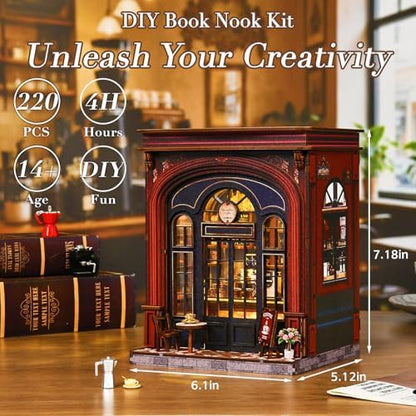 DIY Book Nook Kit, 3D Wooden Puzzle Miniature House with LED Light, Dollhouse Bookshelf Insert, Tiny House Model Building Kit, Unique Creative Gift for Adults and Teens (Warmglow Coffee) - Image 2