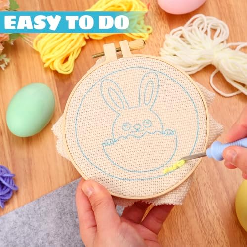 AnyDesign Easter Punch Needle Coaster Kits Cartoon Bunny Rabbit Chick Egg Crafts Coasters with Adhesive Felt Yarns Embroidery Hoop Instruction for Adults Beginners Spring DIY Decor - Image 3