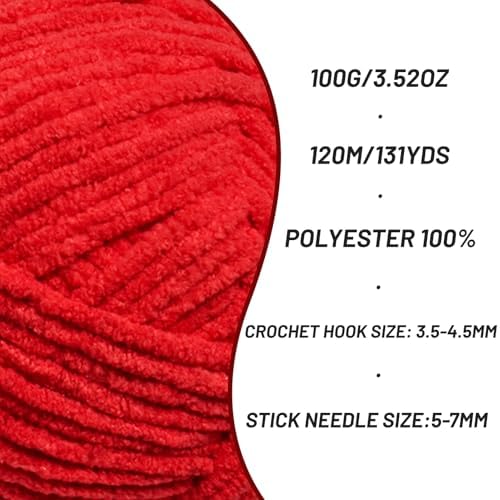 Plush Chenille Chunky Crochet Yarn - Baby Yarn for Crocheting Soft - Velvet Yarns Knitting for Blankets Crafts - Fluffy Amigurumi Yarns 100g / 131yd (Red) - Image 2