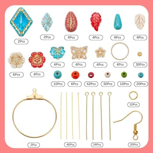 SUNNYCLUE 1 Box DIY 10 Pairs Boho Earring Making Kit Turquoise Charms Baroque Style Tibetan Gold Plating Metal Enlaced Spring Leaves Clear Flower Butterfly Charms for Jewelry Making Kits Women Adults - Image 2