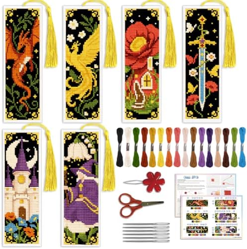 ACRNIGHEET 6PCS Cross Stitch Bookmark Kit for Beginner Fairy Tale Stamped Cross Stitch Kits Needlepoint Kit for Adults DIY Tassel Embroidery Bookmark Kits with Instructions Craft Gift 8.5"x3" 11CT by ACRNIGHEET