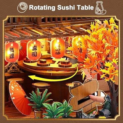 DIY Japanese Miniature House Kit, DIY Miniature Japanese Sushi Shop Dollhouse, 3D Wooden Sushi House Kit with LED Lights & Furniture, Creative Home Decor Birthday Gift Hands Craft for Adults - Image 5