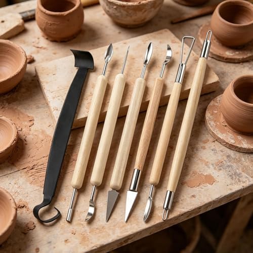 7pcs Double-Sided Clay Sculpting Tools, Wooden Handle Pottery Trimming Tool - Image 4