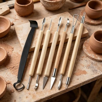 7pcs Double-Sided Clay Sculpting Tools, Wooden Handle Pottery Trimming Tool - Image 4