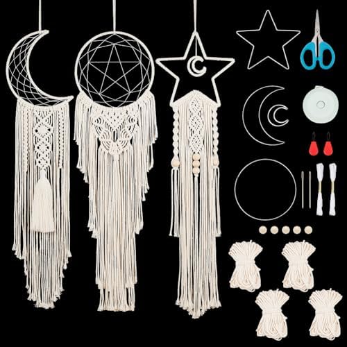Macrame Kits for Adults Beginners Easy 3 Set Moon Star Craft Kits DIY Dream Catcher Kit with Instructions Video Macrame Wall Hanging Supplies Dream Catcher Kit for Room Wall Decoration by BEUNITONE
