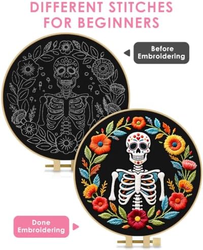 TINDTOP Embroidery Kit for Adult Beginners, Embroidery DIY Starter Kit, with Stamped Patterns, Hoop, Tools, Colorful Threads with Needles, Instructions (Skeleton A) - Image 3