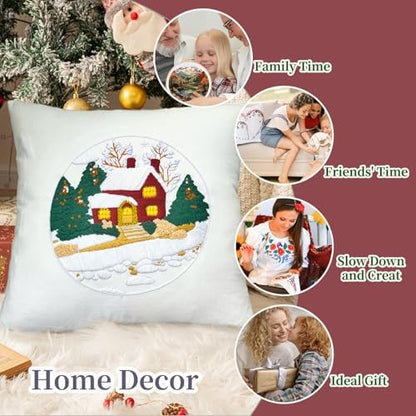 FONNUY Christmas Embroidery Kit for Beginners, Throw Pillow Case Cross Stitch Set Winter Snow House Holly Tree Pattern for Adults, Hand Works Crafts Throw Pillow Cover, 18 x 18'' (White) - Image 3