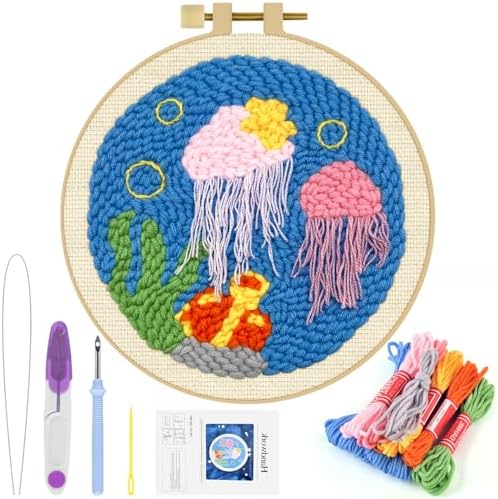 ERKOON Punch Needle Kit Adults Beginners, DIY Easy Ocean Embroidery Set for Starter Art Craft, Needling Punch Project with Patterns, Tools, Yarns, Hoop, Instruction (Jellyfish) by ERKOON