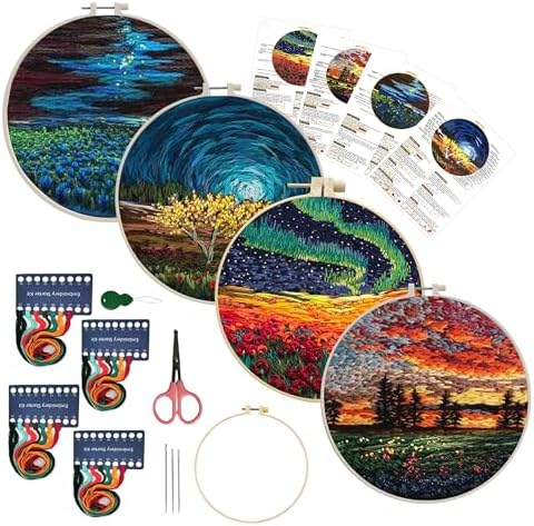 Maydear 4 Pack Embroidery Starter Kit with Pattern, Stamped Cross Stitch Kits for Beginners Adults with Embroidery Hoop and Instructions, Hand Embroidery Kit (Embroidery kit flower2) by Maydear