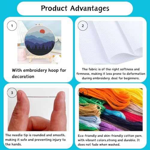 3 Pack Landscape Stamped Cross Stitch Kits for Beginners,with Hoop 8x8in - Image 4