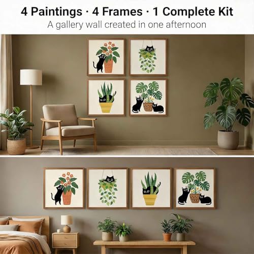 Amphol Framed Paint by Numbers Kit for Adults - 10x10 Inch Easy 4 Pack Potted Cat Framed Canvas Paint by Number for Beginners, DIY Acrylic Oil Painting Kits with Frame for Home Wall Decor Gift - Image 3