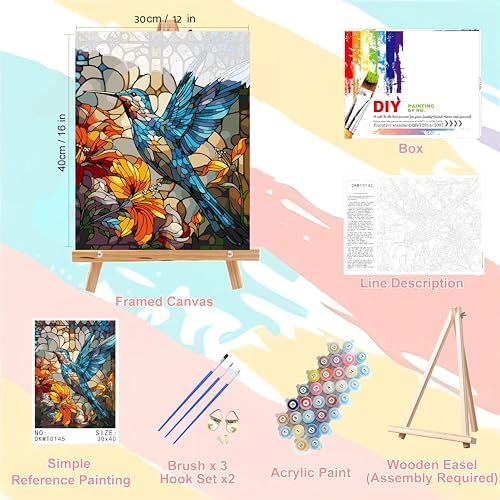 Hummingbird Paint by Numbers for Adults with Framed Canvas - Wooden Easel - Image 2