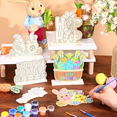 Yuntau 24 Pcs Color Your Own Easter Crafts Bunny Egg DIY Wooden Tabletop Signs Happy Easter Craft Kits Centerpiece Art Signs Table Decorations for Spring Home Activities Gifts Party Favors - Image 4