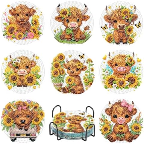 8 Pcs Cow Diamond Painting Coasters with Holder, Highland Cow Diamond Painting Kits, Cute Cow Diamond Art Coasters, 5D DIY Full Drill Diamond Dots, Diamond Art Kits for Adults Crafts Supplies by Fotasmua