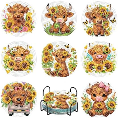 8 Pcs Cow Diamond Painting Coasters with Holder, Highland Cow Diamond Painting Kits, Cute Cow Diamond Art Coasters, 5D DIY Full Drill Diamond Dots, Diamond Art Kits for Adults Crafts Supplies by Fotasmua