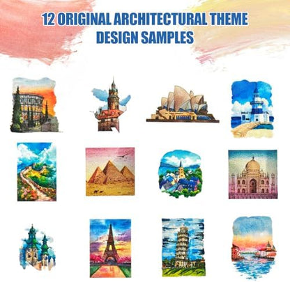 Watercolor Workbook, Water Coloring Book with 13 Pages 300GSM Paper, 26 Colors Watercolor Paint Set with Brush & Storage Bag, Beginner-Friendly Coloring Book for Adults，Architecture Theme - Image 5