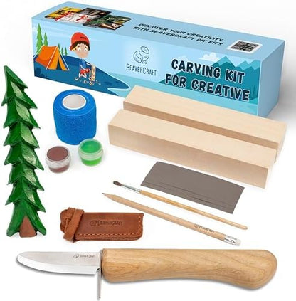 BeaverCraft Wood Carving Kit for Kids & Beginner DIY08 - Wood Whittling Kit for Kids 14+ Woodworking Starter Hobby Kits for Boys Wood Crafts Projects DIY Gifts, Carving Set Whittling Knife & Basswood by BeaverCraft