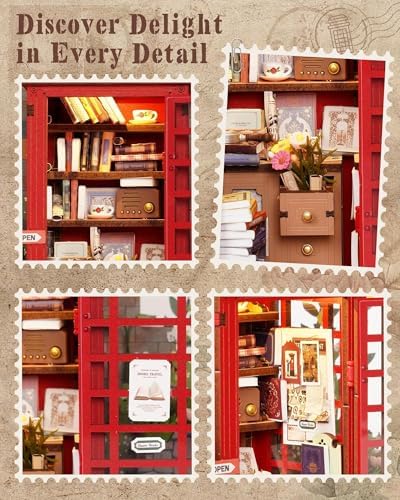Rolife 3D Wooden Puzzle Vintage Style Model Kit, British-Style Telephone Booth Bookshelf DIY Building Toy for Adults, Model Building Kit, Fun Craft Home Decor Gifts for Adults Family - Image 3
