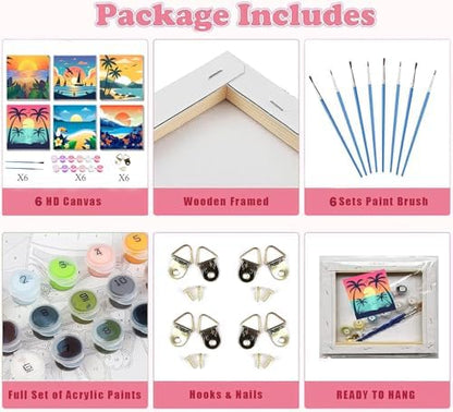 SYDYLH 6 Pack Framed Paint by Numbers for Adults and Kids Beginner，Landscape-Beach DIY Acrylic Painting Paint by Numbers Kits on Canvas for Kids Ages 4-8-12 Perfect for Home Wall Decor(8x8in) - Image 5