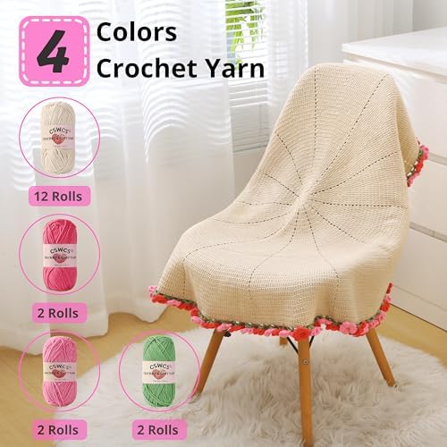 CSWCS Crochet Blanket Kit for Beginners, 40 inches Flower Bouquet Shawl Throw Kits for Adults, Learn How to Knitting with Yarn, Hook & Instructions, Gifts for Women Home Decor (Pink-red Hydrangea Kit) - Image 2