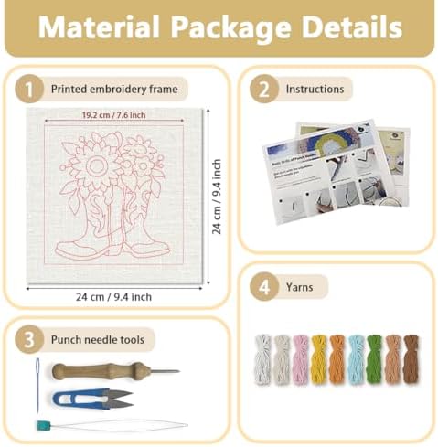 DOODLREAM Western Boots Punch Needle Kit for Beginner, 9.4"x9.4" Sunflower Punch Stitching Craft Set, DIY Embroidery Starter with Printed Frame, Instruction, Threader, Yarn, Pinch Needle - Image 2