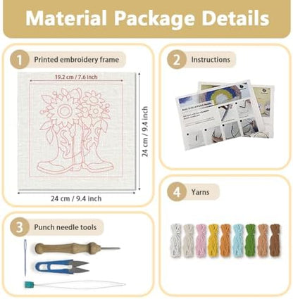 DOODLREAM Western Boots Punch Needle Kit for Beginner, 9.4"x9.4" Sunflower Punch Stitching Craft Set, DIY Embroidery Starter with Printed Frame, Instruction, Threader, Yarn, Pinch Needle - Image 2