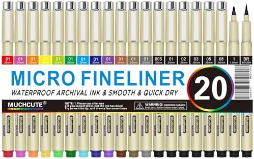 Muchcute Micro Fineliner Drawing Art Pens: 20 Set (12 Colors 01 & 8 Black) by Muchcute