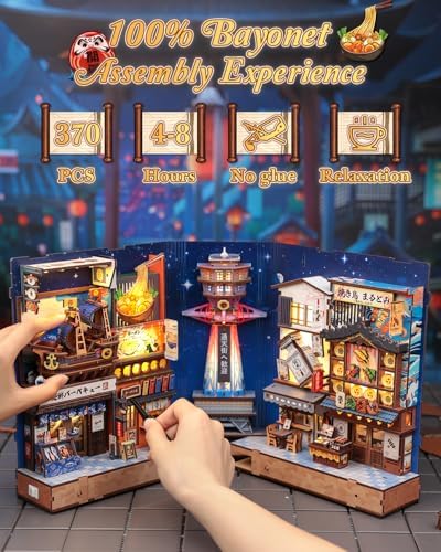 CUTEBEE Book Nook Kit for Adult, Japanese Foldable DIY Miniature House Kit, LED Booknook, Decorative Home Décor, Model Building Craft Gifts for Family Friends (Tsutenkaku Ichiban Street) - Image 4