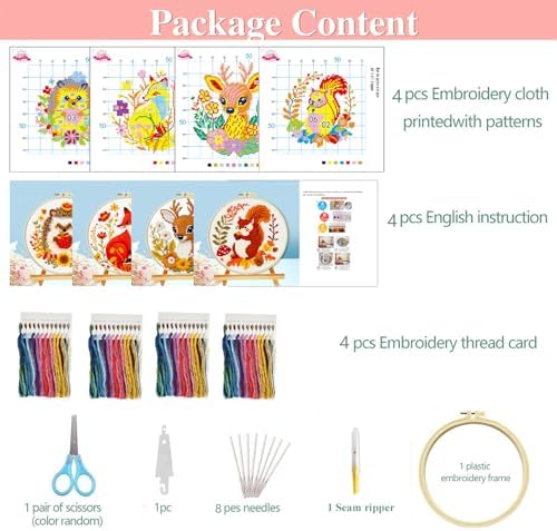 Zhenqing Autumn Animals Cross Stitch Kit - 4-Piece Set with Pre-Printed 11CT 24x24cm Fabric, Hoop & Tools, Fall Theme Animal Designs for Beginners (70412) - Image 3