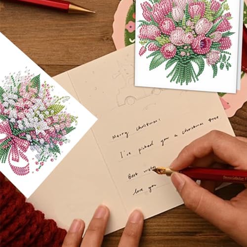 TDFERAN Diamond Painting Bouquet Card 6 Set Tulips Cards Art Work Crystal Puzzle Daisies Rose Fenglinghua Diamond Blank Cards with Various Flowers Party Holiday Event Card for All Occasions - Image 5