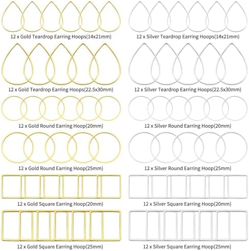 144pcs Earring Hoops for Jewelry Making, 3 Shapes Earrings Findings Hoops Beading Hoop Earrings Hypoallergenic Square Teardrop Round Earring Findings for DIY Craft Accessories Supplies(Gold&Silver) - Image 2
