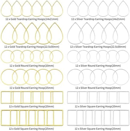 144pcs Earring Hoops for Jewelry Making, 3 Shapes Earrings Findings Hoops Beading Hoop Earrings Hypoallergenic Square Teardrop Round Earring Findings for DIY Craft Accessories Supplies(Gold&Silver) - Image 2