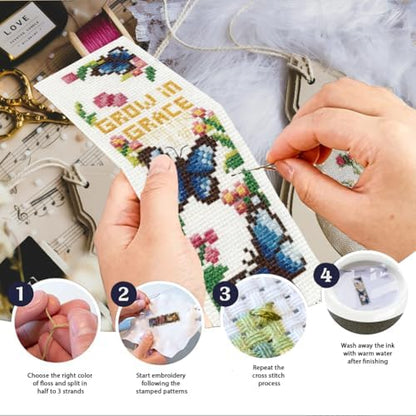 INFUNLY 6pcs Butterfly Quotes Cross Stitch Bookmark Kit DIY Embroidery Starter Set 3x8.5 Inch Cotton Linen Pre-Printed Fabric 14 Colors Floss Backing Felt Needles Threader Instructions for Book Lovers - Image 4