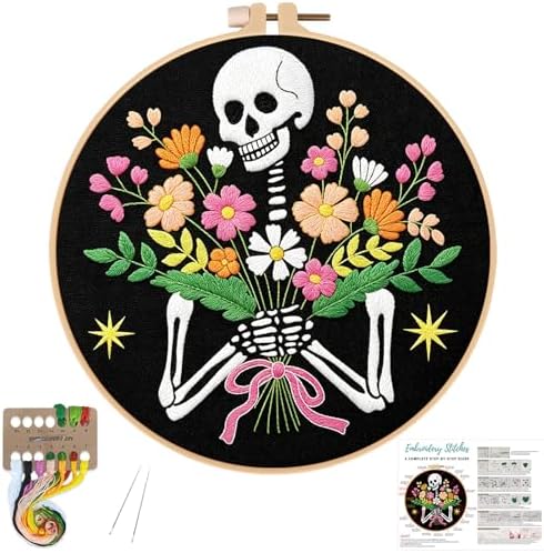 Louise Maelys Halloween Skeleton Flower Embroidery Kit for Beginners Adults by LouiseMaelys