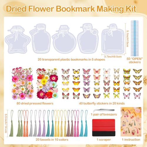 212 PCS Pressed Flower Bookmark Making Kit, DIY Clear Bottle Bookmark Kit with Dried Flower Tassel Butterflies Open Sticker Tweezer, DIY Projects Party Favor Gift for School Reading Adult Book Lovers - Image 3
